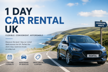 An advertisement for 1-day car rentals in the UK. A modern blue hatchback is parked on the shoulder of a scenic coastal road that curves along a cliffside overlooking the ocean. To the right, a wooden signpost reads "ADVENTURE AWAITS." The left side of the image features bold blue and black text: "1 DAY CAR RENTAL UK," followed by the tagline "FLEXIBLE. CONVENIENT. AFFORDABLE." Below this, three circular icons represent "1 Day Hire Flexibility," "Wide Range of Vehicles," and "Great Prices & Offers." The overall atmosphere is bright, professional, and inviting.