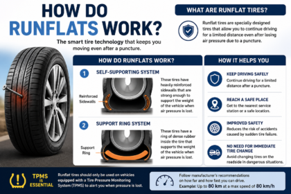 An infographic titled "How do runflats work?" features a central image of a punctured tire and describes two technologies: a "Self-supporting system" with reinforced sidewalls, and a "Support ring system" using a dense rubber ring. The right side lists benefits including safer driving, reaching a service station, and avoiding roadside tire changes. The bottom highlights that a Tire Pressure Monitoring System (TPMS) is essential and advises following manufacturer limits, such as a maximum speed and distance of 80 km/h and 80 km.