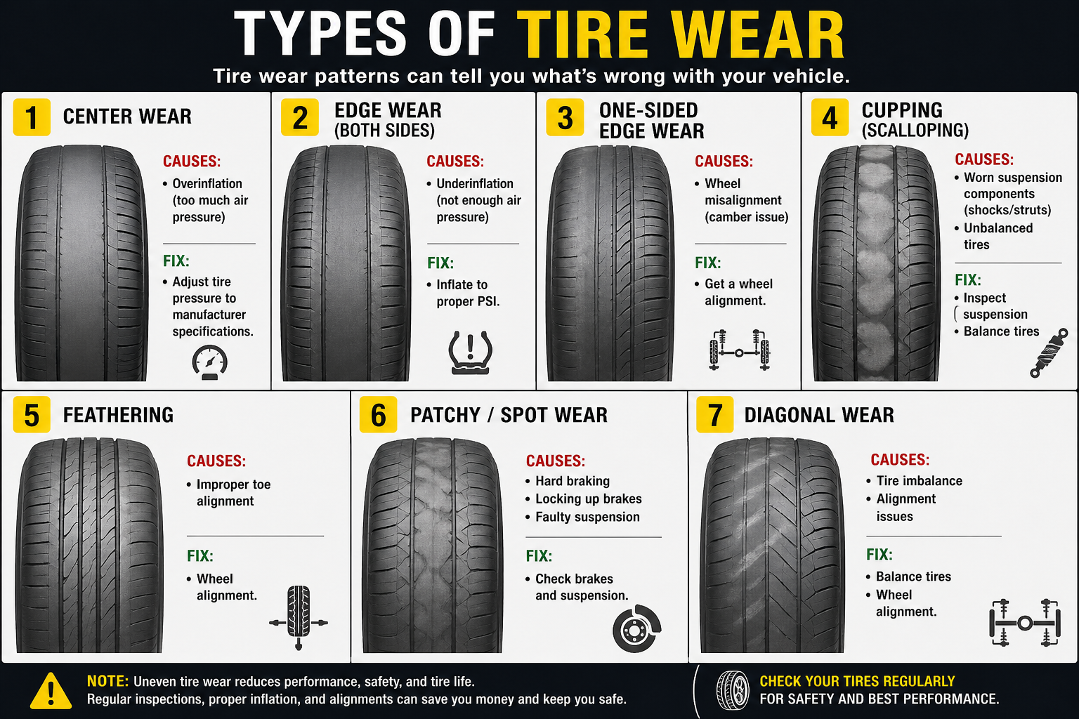 Types of tire wear patterns showing center wear, edge wear, cupping, and feathering