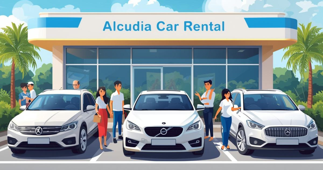 Comfortable rental car parked near the beach in Alcudia Spain