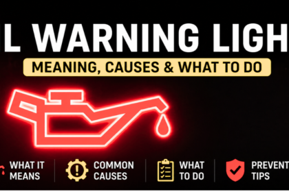 Oil warning light illuminated on car dashboard indicating low oil pressure and engine risk