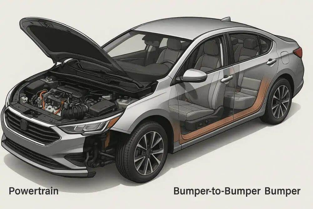 bumper to bumper used car warranty coverage showing protected car parts and repair protection concept