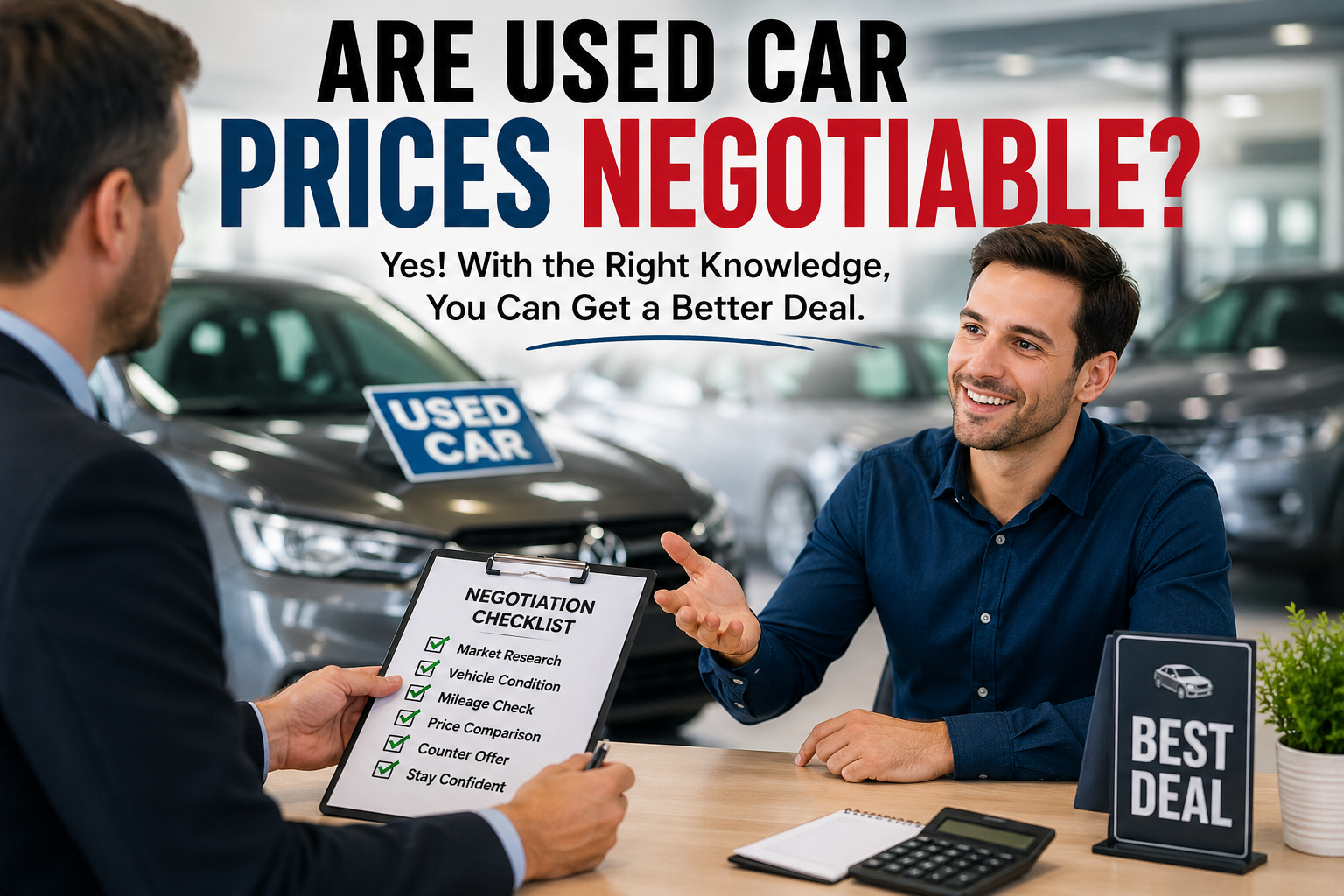 A buyer negotiates with a dealer in a showroom, discussing used car prices and getting a better deal on a pre-owned vehicle